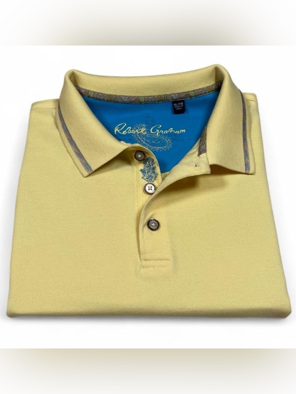 Robert Graham Yellow Tipped Polo Shirt Blue Paisley Design Men’s Size XL Golf